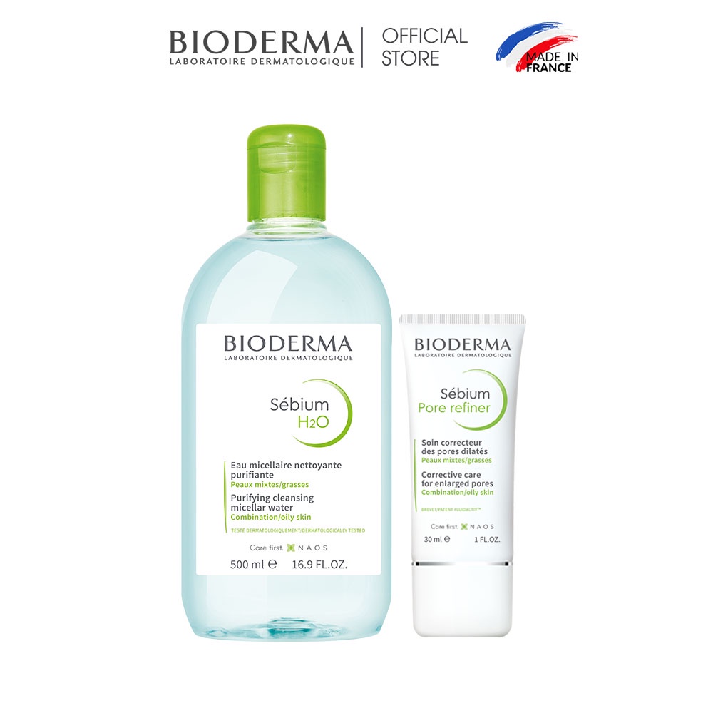 Bộ đôi làm sạch micellar cho da hỗn hợp và da dầu Bioderma Sebium H2O 500ml và kem dưỡng se lỗ chân lông 30ml