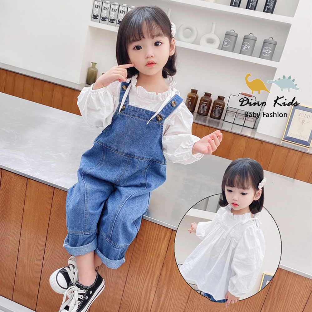 Yếm quần jeans bé gái, set yếm bò thụng kèm áo sơ mi thô hàn cổ bèo trắng cho bé
