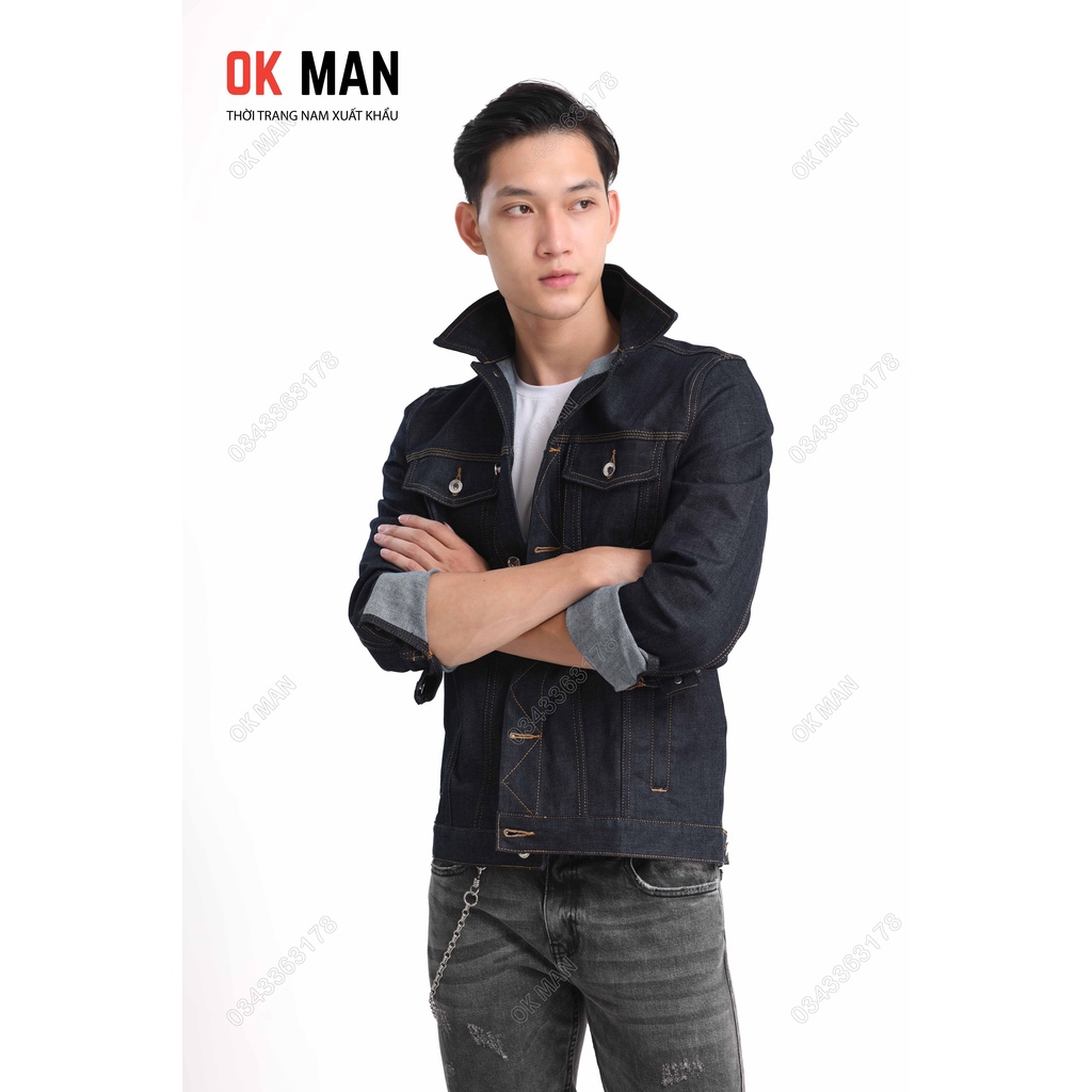 Áo khoác jean nam 2 màu indigo cao cấp, form slimfit, OkMan