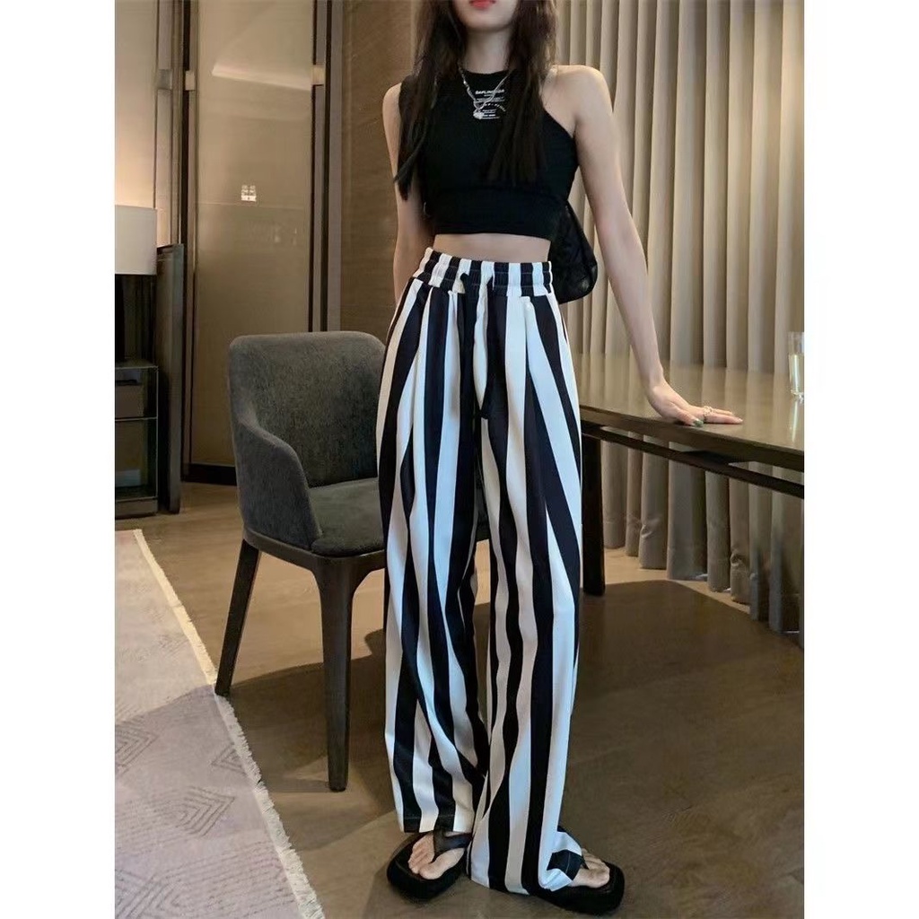 Jiashucheng Quần Dài Ống Rộng Họa Tiết Kẻ Sọc Trắng Đen Thời Trang Mùa Hè Cho Nữ