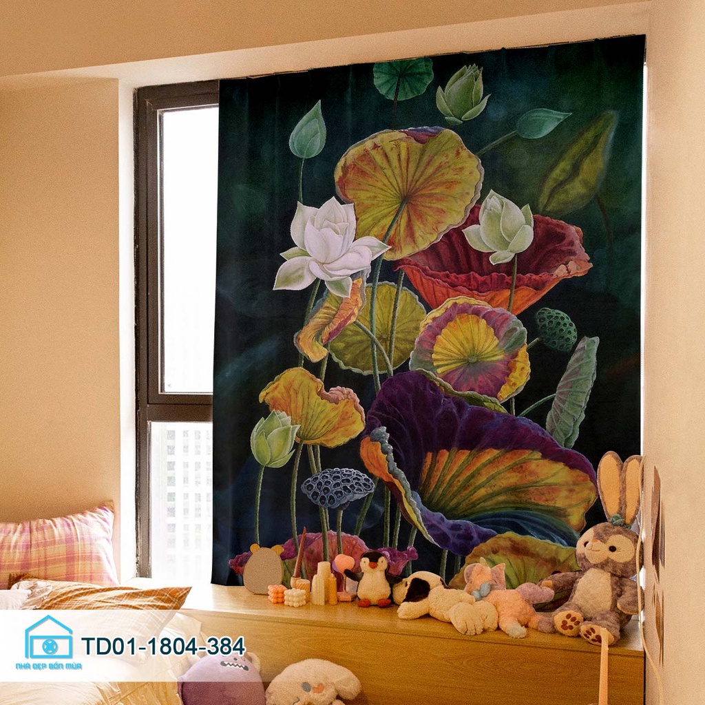 Rèm cửa sổ dán tường thiết kế hài hòa, thiên nhiên, hồ sen, màn cửa sổ Tín Phát Decor