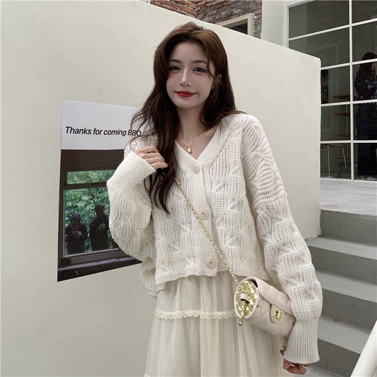 Porozi  Áo khoác cardigan nữ Áo sweater tay dài dáng ngắn thời trang phong cách Hàn Quốc