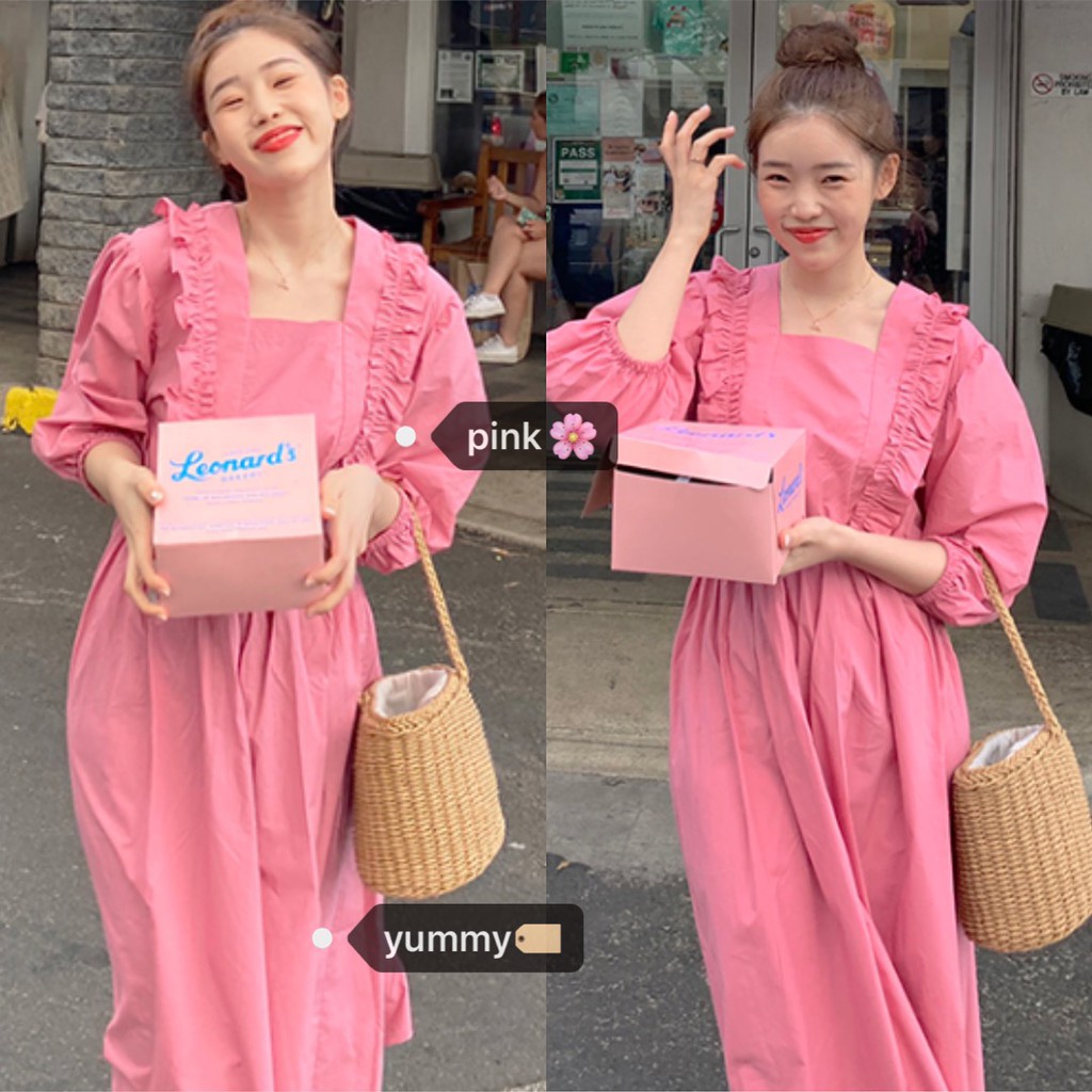 (ORDER- sẵn XL) Váy xòe dáng dài cổ vuông phối bèo màu hồng hoa đào Dress Retro Hàn Quốc đáng yêu (HÀNG MỚI 2020)