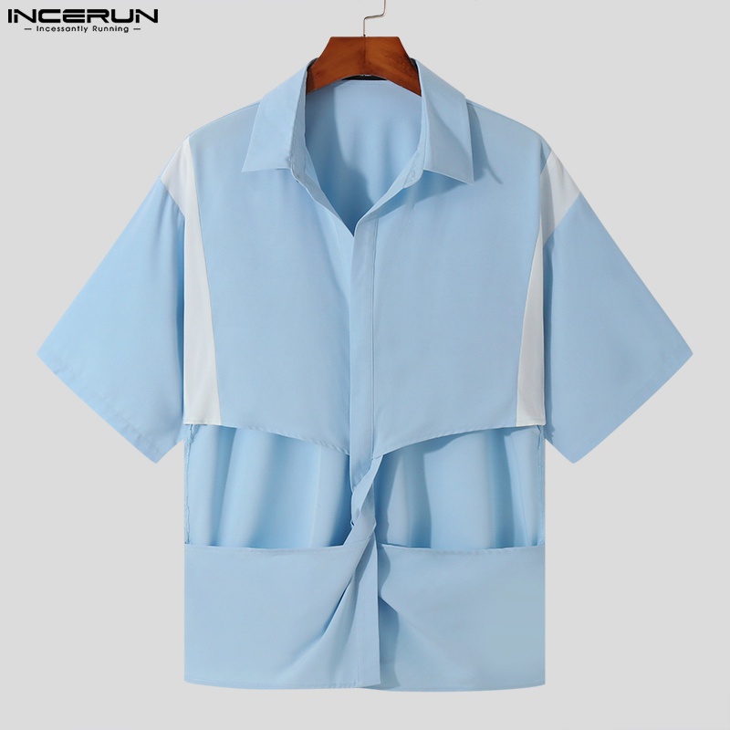 Áo sơ mi INCERUN tay ngắn dáng rộng thiết kế cắt lỗ thời trang cá tính cho nam