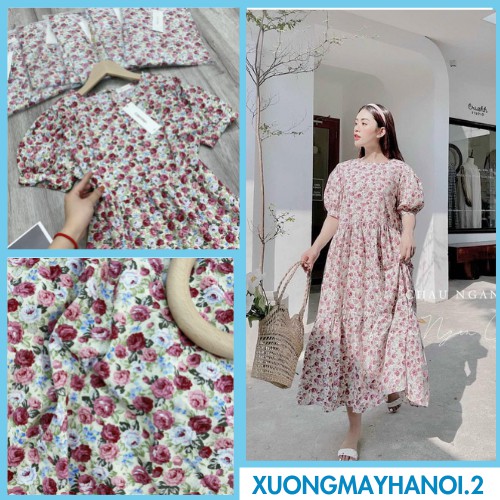 (MUA LÀ CÓ QUÀ) Váy hoa nhí họa tiết hoa hồng🍁váy babydoll  dáng rộng, vải thô mềm loại I, XUONGMAYHANOI.2