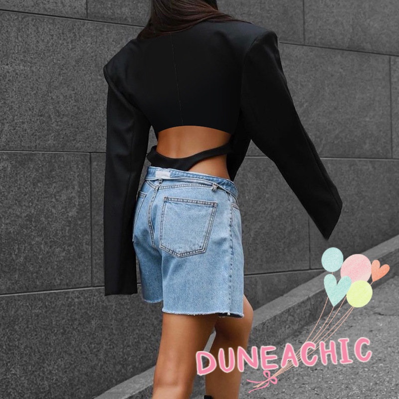 DUNEA Áo liền quần Y0915 tay dài cổ bẻ hở lưng thời trang