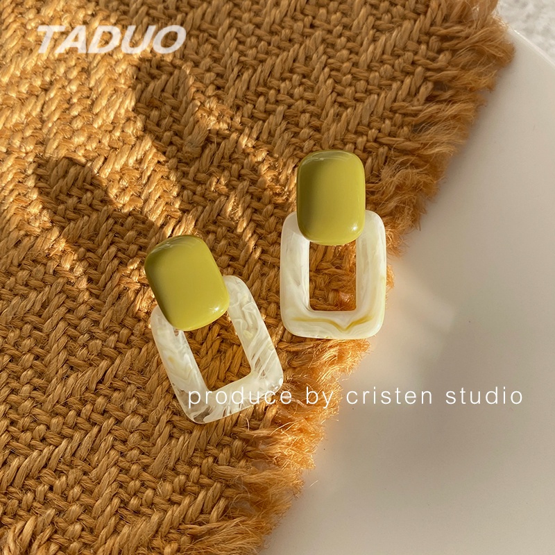 Khuyên Tai Kim Bạc 925 Hình Vuông Màu Sắc Tương Phản Phong Cách Retro Thời Trang Cho Nữ