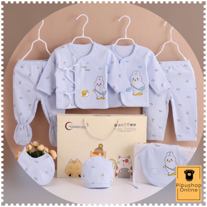 Set đồ sơ sinh quà tặng cho bé 7 chi tiết coton có hộp sang chảnh