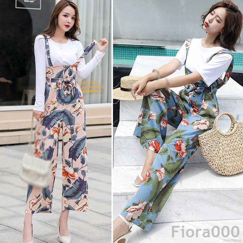 Jumpsuit Ống Rộng Lưng Cao Hoạ Tiết Hoa Cho Phái Nữ