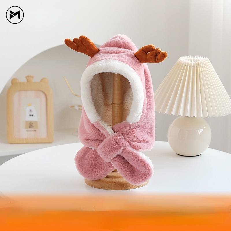Nón Tích Hợp Khăn Choàng Cổ Bằng Lông Cừu Họa Tiết Hoạt Hình Phong Cách Hàn Quốc Dành Cho Bé 2-8 Tuổi