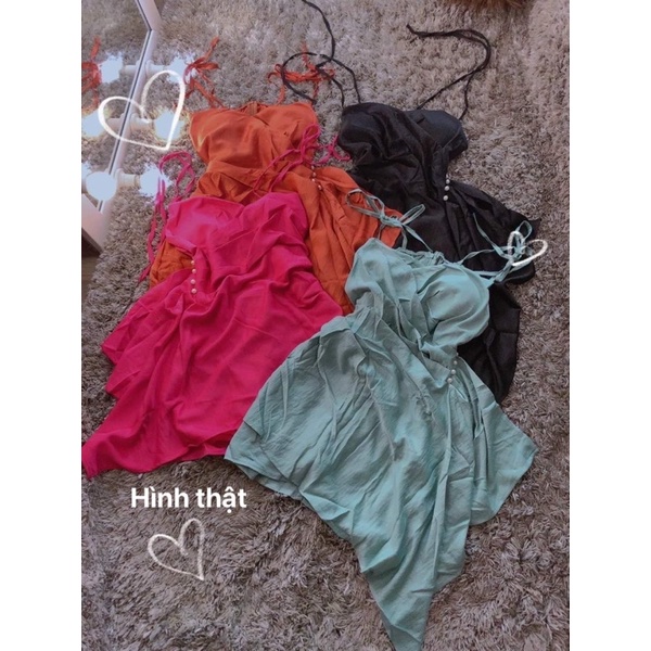 Đầm satin nhún eo đính châu sa cao cấp hình thật + clip