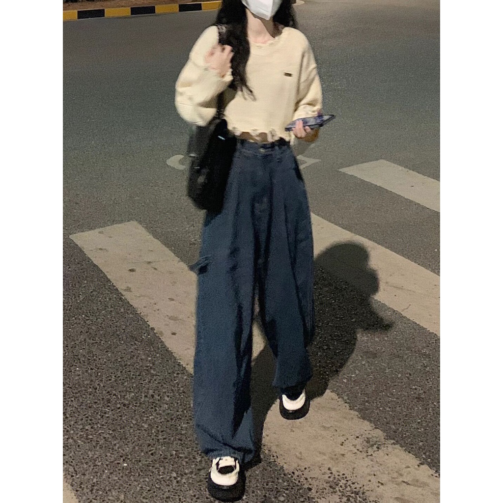 Quần Yếm Jean Ống Rộng Lưng Cao Phong Cách Hong Kong Cổ Điển Dành Cho Nữ
