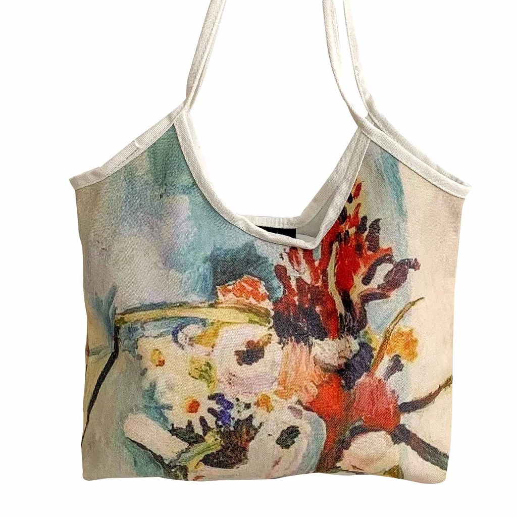 Túi Xách Canvas Sức Chứa Lớn Họa Tiết Tranh Sơn Dầu Thời Trang Cho Nữ