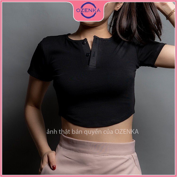 Áo croptop nữ cổ tròn khoét eo OZENKA , áo thun nữ kiểu crt ôm body tay ngắn thun gân 100% cotton màu đen trắng ghi hồng