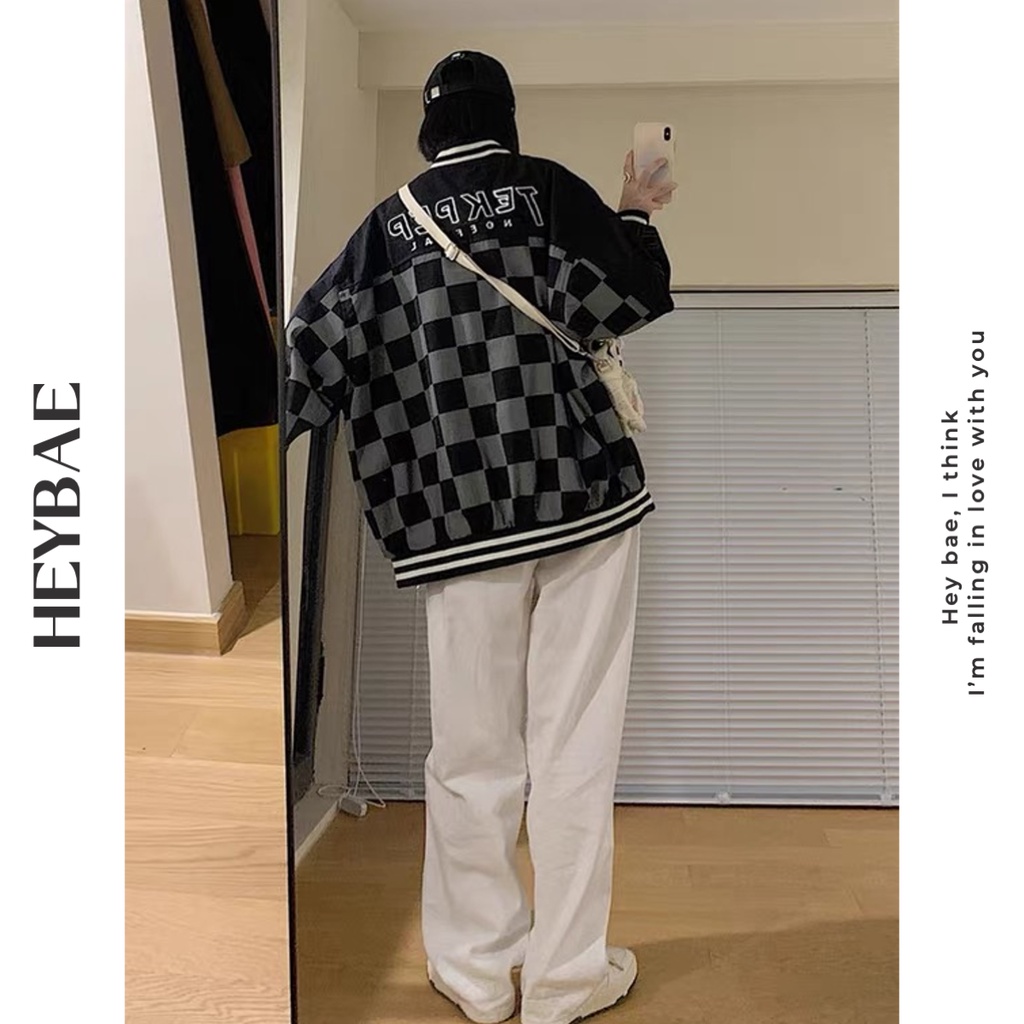 Áo khoác bomber dáng rộng unisex Checked HEYBAE oversize caro áo khoác có cúc chất nỉ dày khoác ngoài AK041