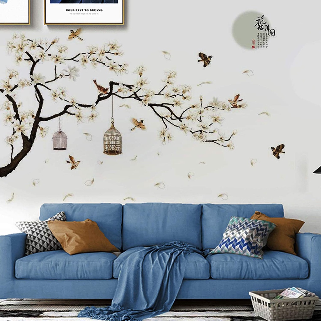 Miếng dán tường tự dính họa tiết hoa và mặt trăng phong cách Trung Hoa d dùng trang trí phòng khách