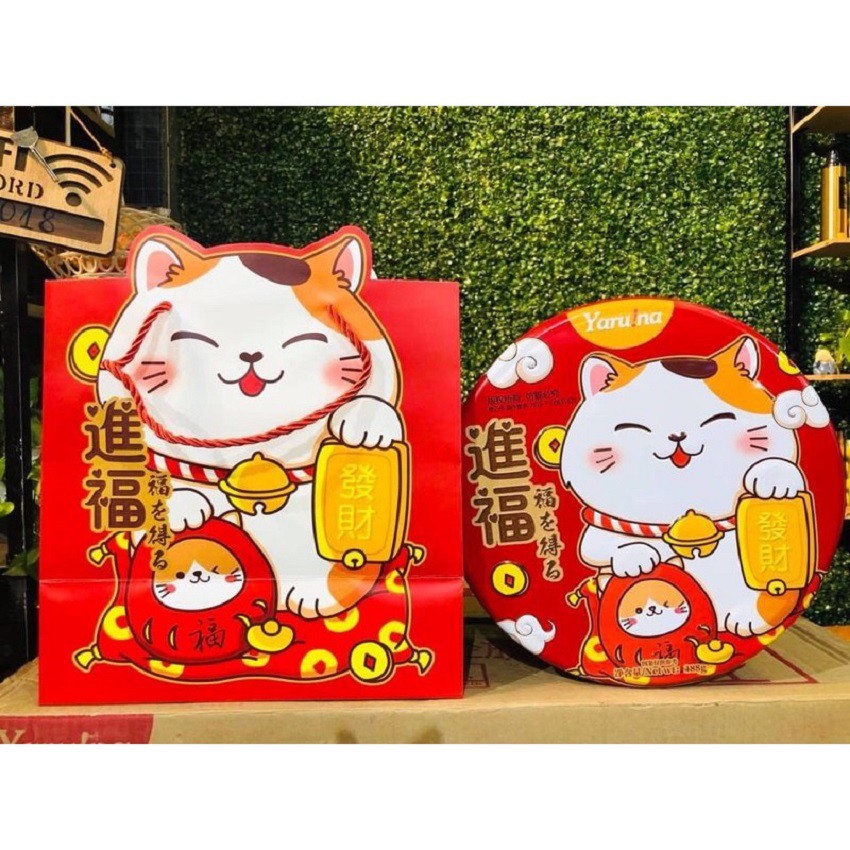 Bánh mèo thần tài❤️Bánh quy Yaruna 2 tầng đài loan hộp thiếc hình tròn, vuông siêu ngon
