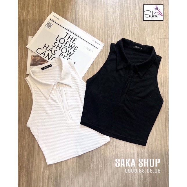 Áo croptop nữ sát nách cổ sơ mi màu trắng đen