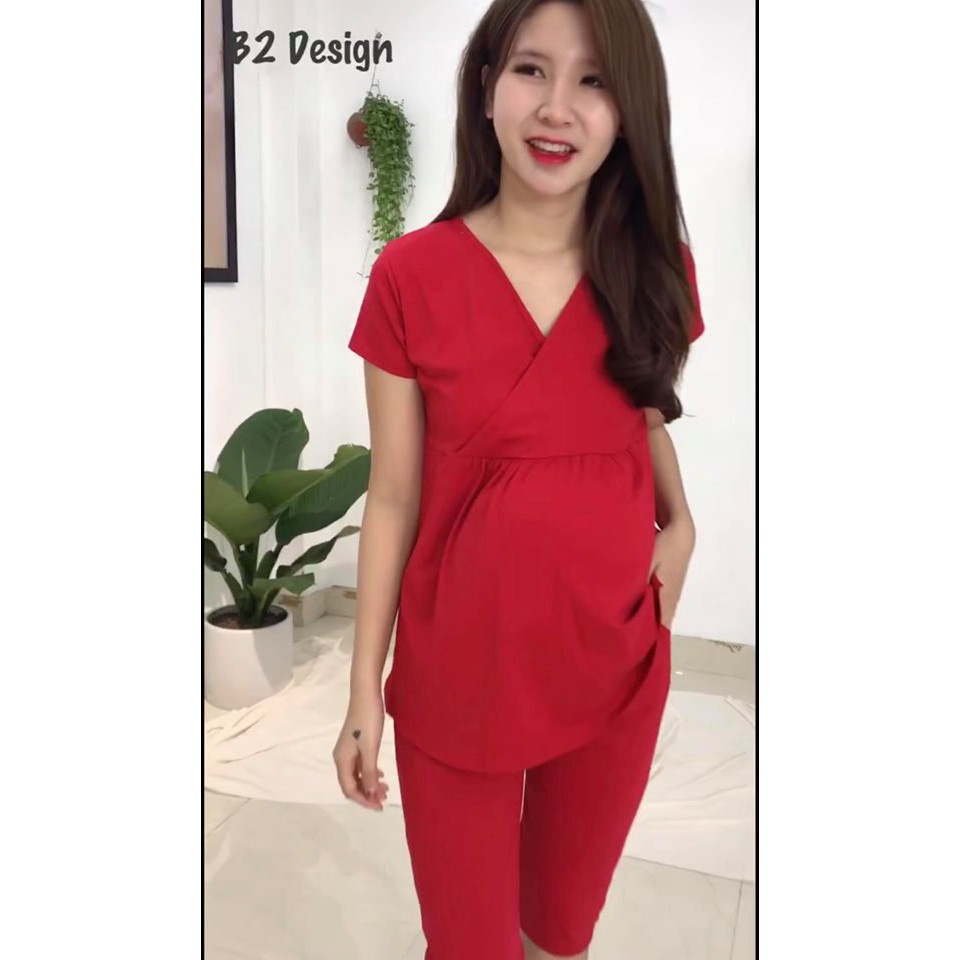 [COTTON 100%] Đồ bầu mặc nhà vạt chéo -Bộ bầu mặc nhà ngắn tay, bộ bầu & sau sinh thiết kế