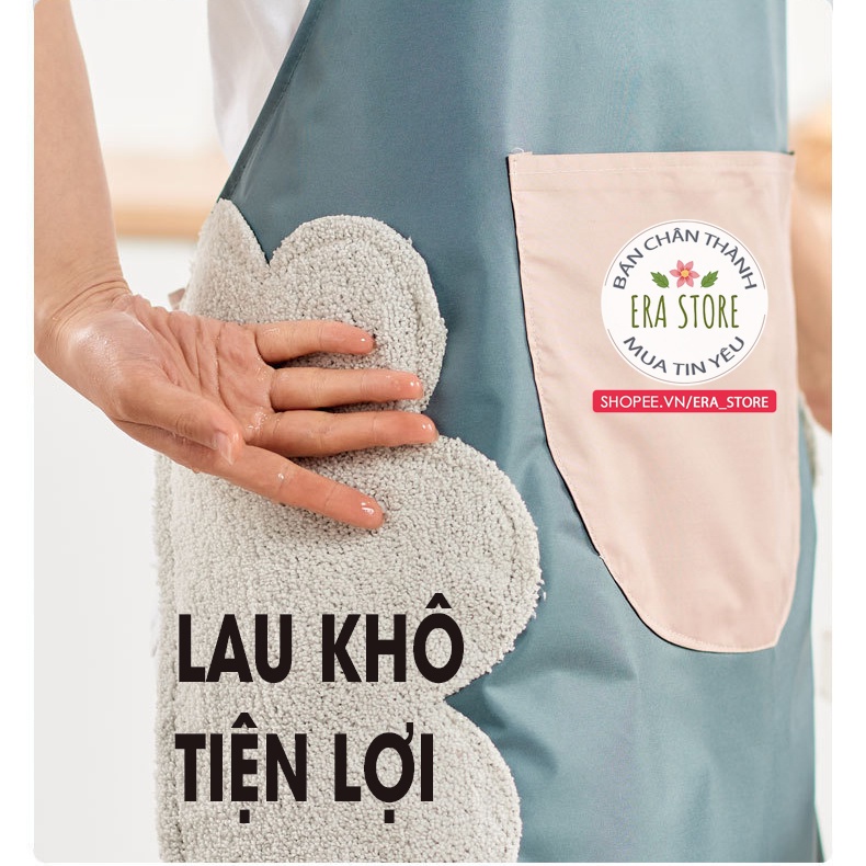 Tạp dề hoa thỏ không thấm nước lau tay 2 bên, túi đựng phía trước tiện lợi dễ lau sạch