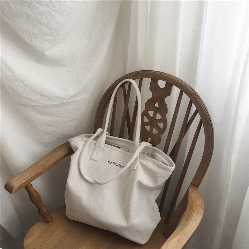 Túi Vải Hàn Quốc Lớn tối giản bảng chữ cái đeo vai nữ trắng tinh khiết