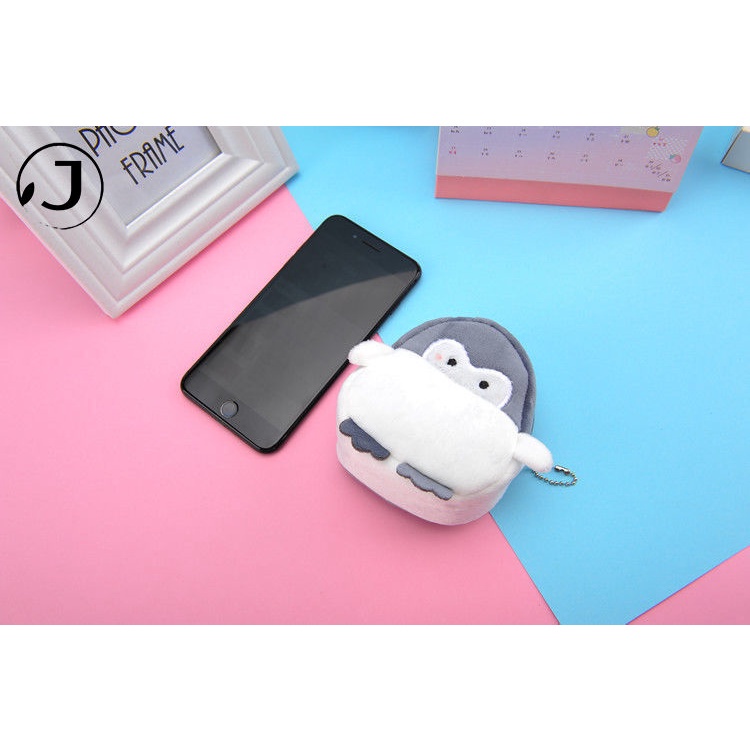 Ví đựng tiền xu/tai nghe/cáp sạc KAITIFEI hình chim cánh cụt vải lông phong cách Hàn Quốc thời trang cho nữ