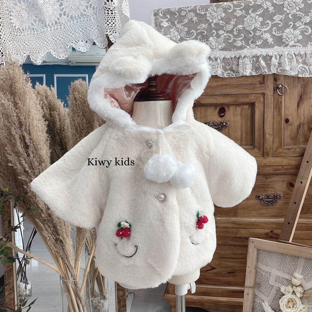 Áo khoác lông mềm KIWY KIDS43 đính quả cherry cho bé 8-18kg