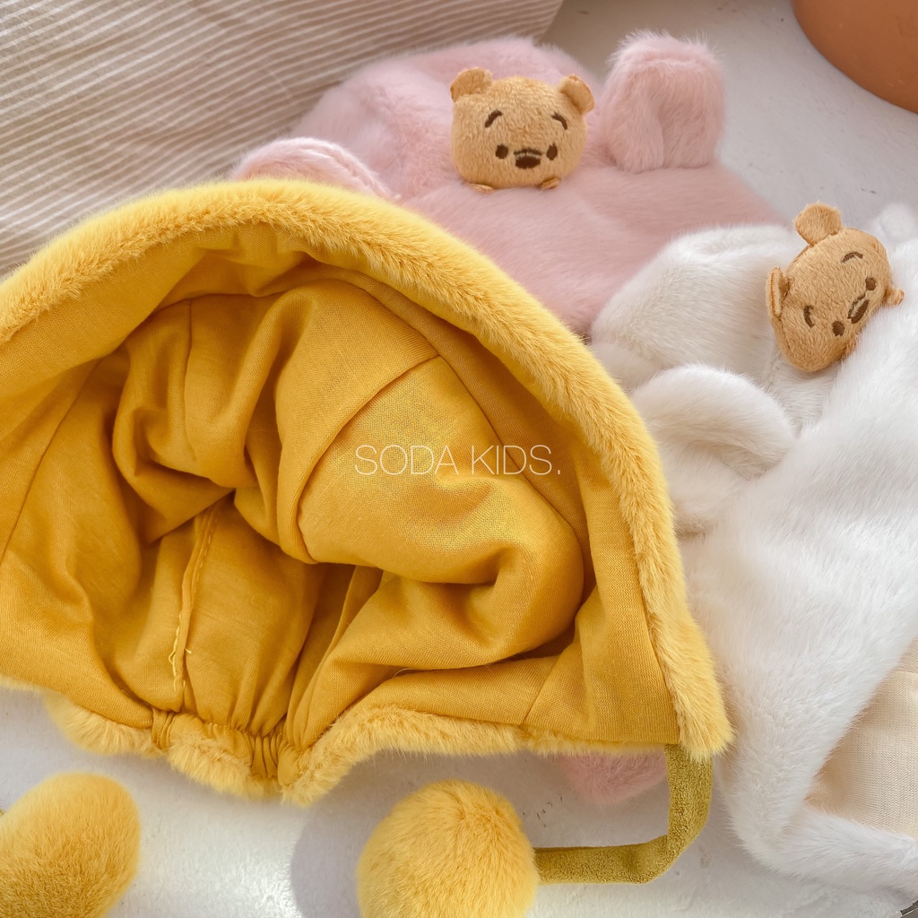 Mũ lông gấu pooh cục bông cho bé 3 màu (Ảnh thật)
