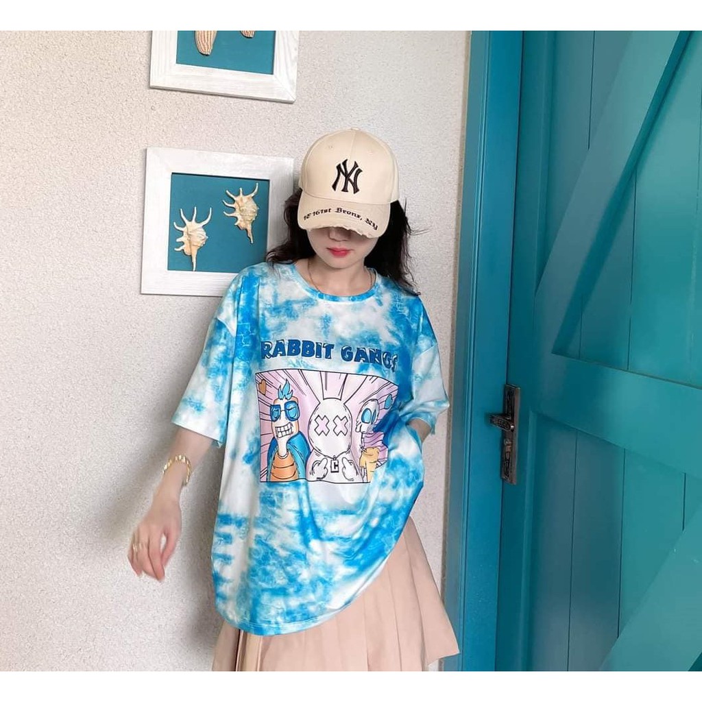 Áo thun nam nữ oversize GANGS RABBIT loang xanh