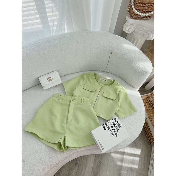 SET ÁO CROPTOP DẠ DÂY KÉO + QUẦN SHORT