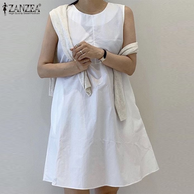 Đầm nữ ZANZEA cộc tay cổ tròn dáng rộng thời trang Hàn Quốc