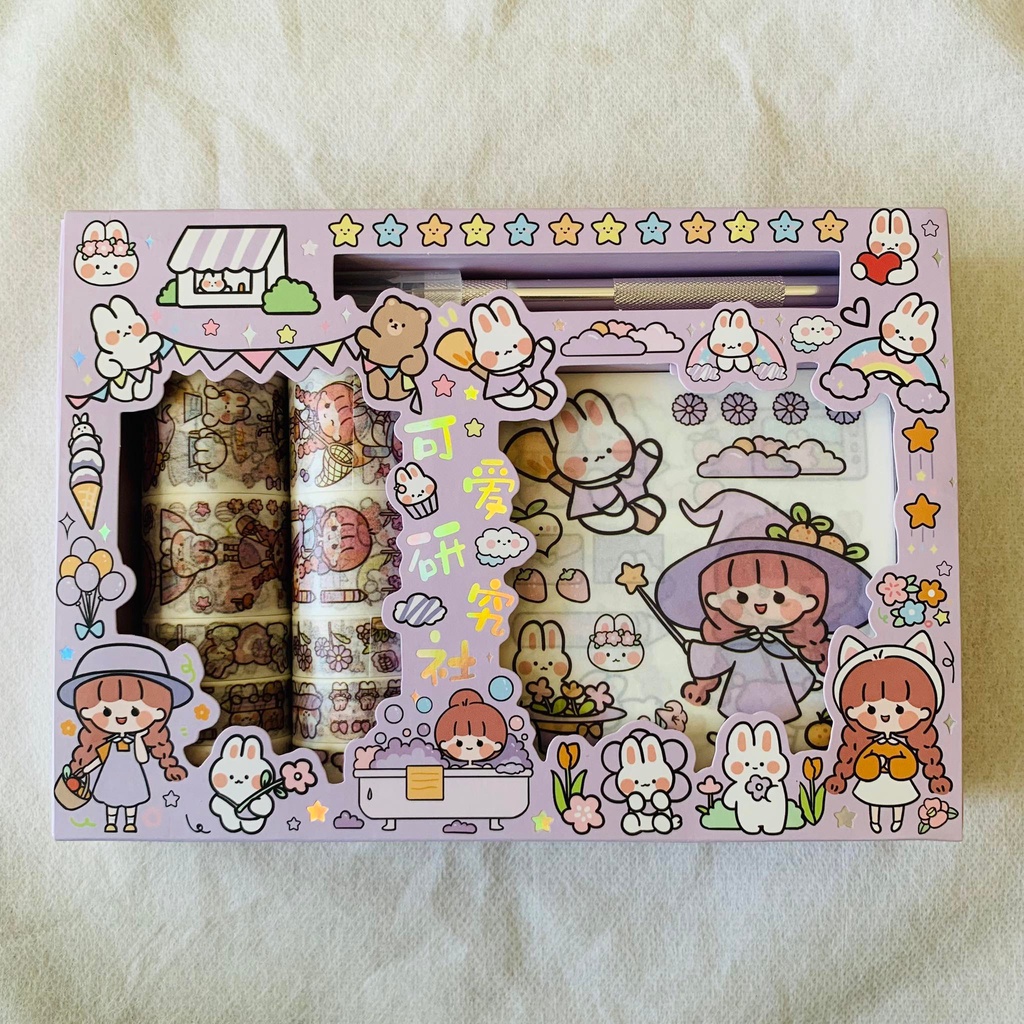 Hộp Sticker Và Washi Kèm Dao Rọc Giấy,Hộp Sticker Dễ Thương Có Dao Cắt