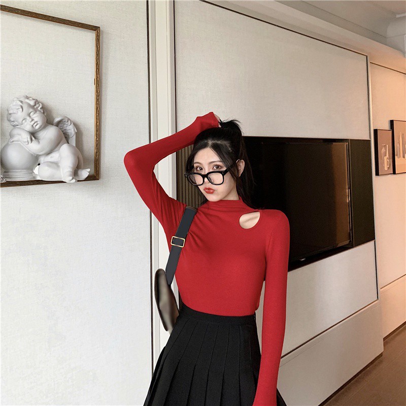 Women New Solid Color Half-neck T-shirt Off-shoulder Slim Long-sleeved T-shirt | BigBuy360 - bigbuy360.vn