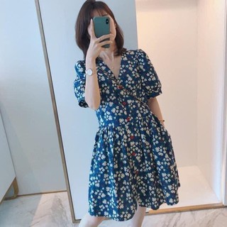 Váy babydoll cúc xanh chất voan đũi mềm mịn
