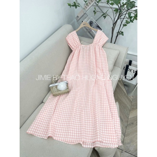 Đầm hai dây bản to hoạ tiết kẻ ô dáng suông, Váy hai dây bản to chất đũi dáng dài maxi