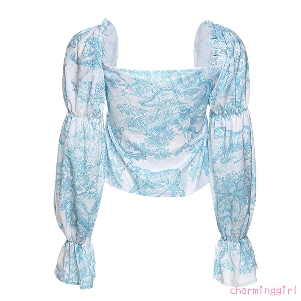 QAQ-Women Short Top Shirt Long Lantern Sleeve Print Low-Cut Tie-Up High Split Crop Tops