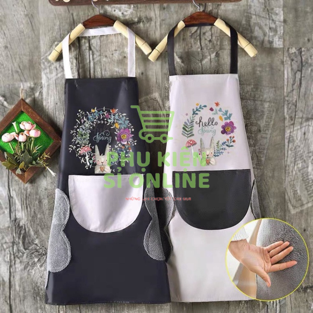 Tạp dề chông thám nước họa tiết hoa thỏ dễ thương kèm lau tay và túi to