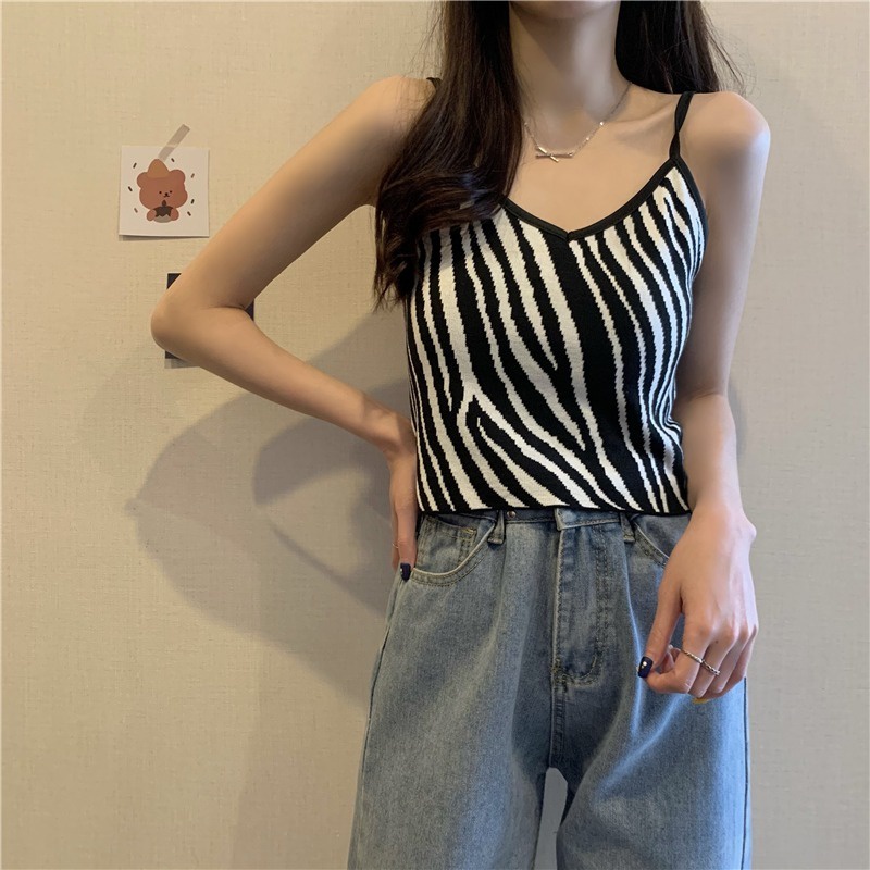 Áo Hai Dây Dệt Kim Họa Tiết Ngựa Vằn / Ngựa Vằn Cá Tính Thời Trang