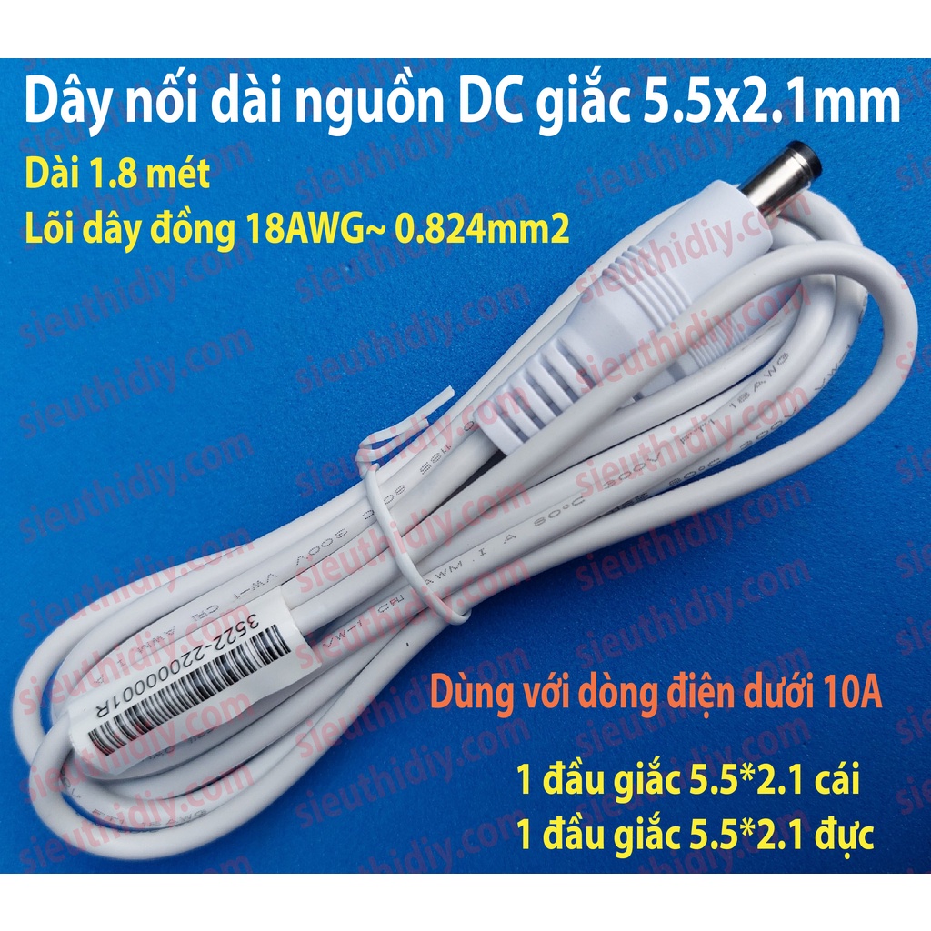 Dây nguồn DC nối dài 5.5x2.1mm, dây đồng lõi 0.824mm2