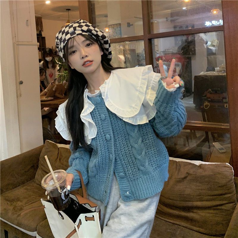Set Áo Sơ Mi Cổ Pháp Kèm Áo Khoác Len Cardigan Phong Cách Retro ❤️