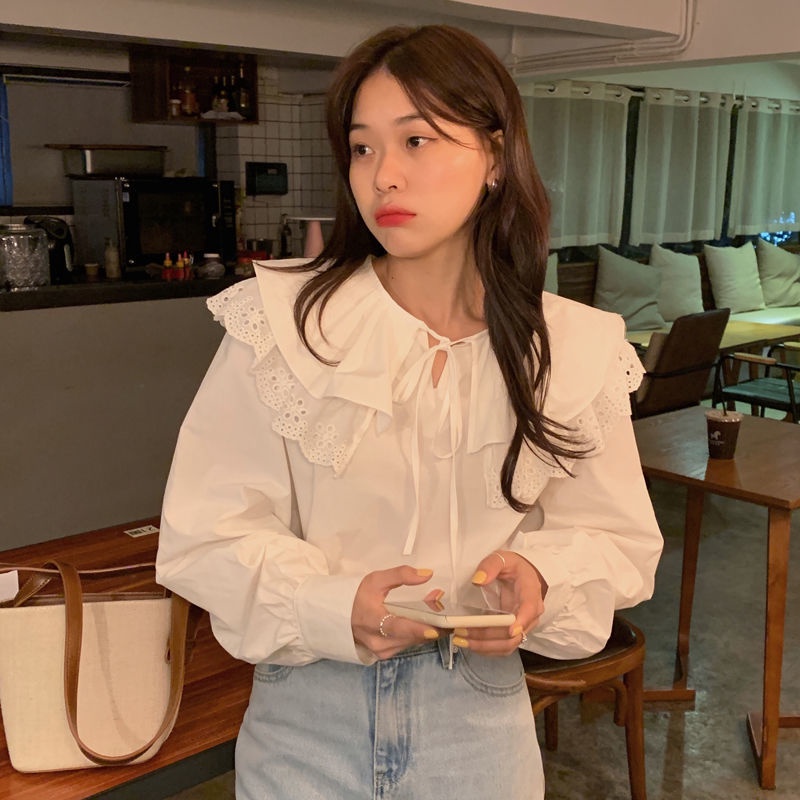 Áo kiểu cổ búp bê viền bèo thời trang ngọt ngào 2021 dành cho nữ