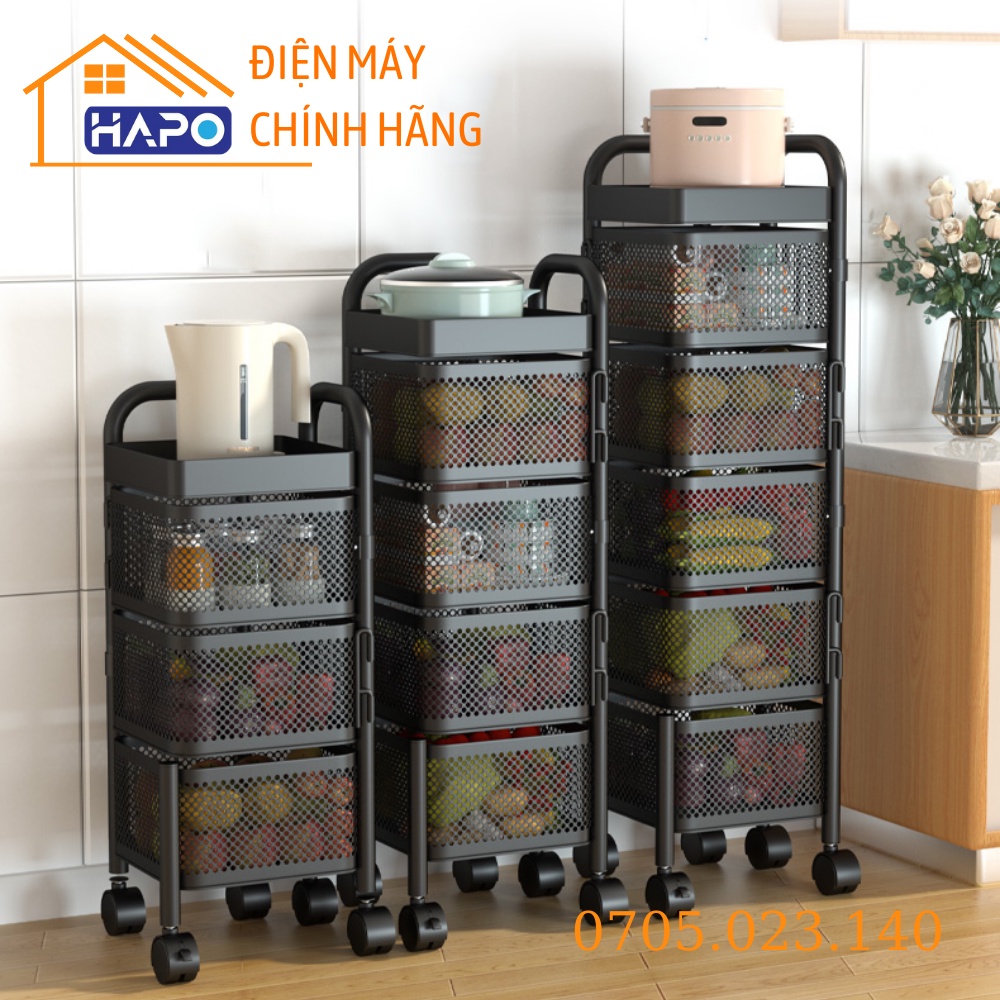 Kệ xoay nhà bếp có bánh xe di chuyển rổ vuông nhiều tầng, Giá đựng đồ đa năng cho gia đình sơn tĩnh điện thép không gỉ