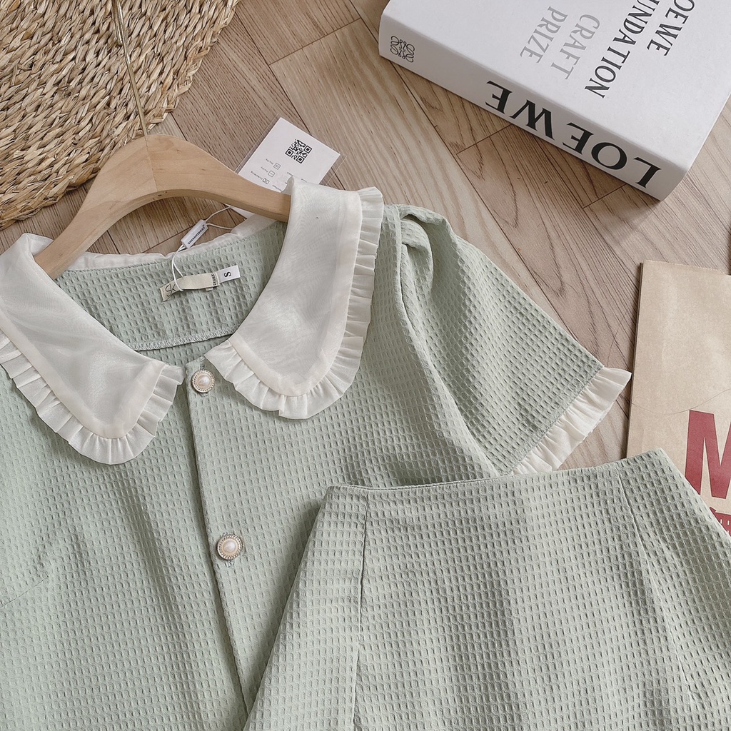 Set bộ chân váy chữ A và áo cổ sen phối bèo màu xanh size SM- ROSE STORE