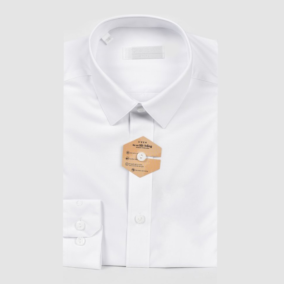 Áo Sơ Mi Trắng Nam Tay Dài Owen AS22753D1 Dáng Slim Fit Không Túi Ngực Màu Trắng Trơn Vải Sợi Sồi | BigBuy360 - bigbuy360.vn