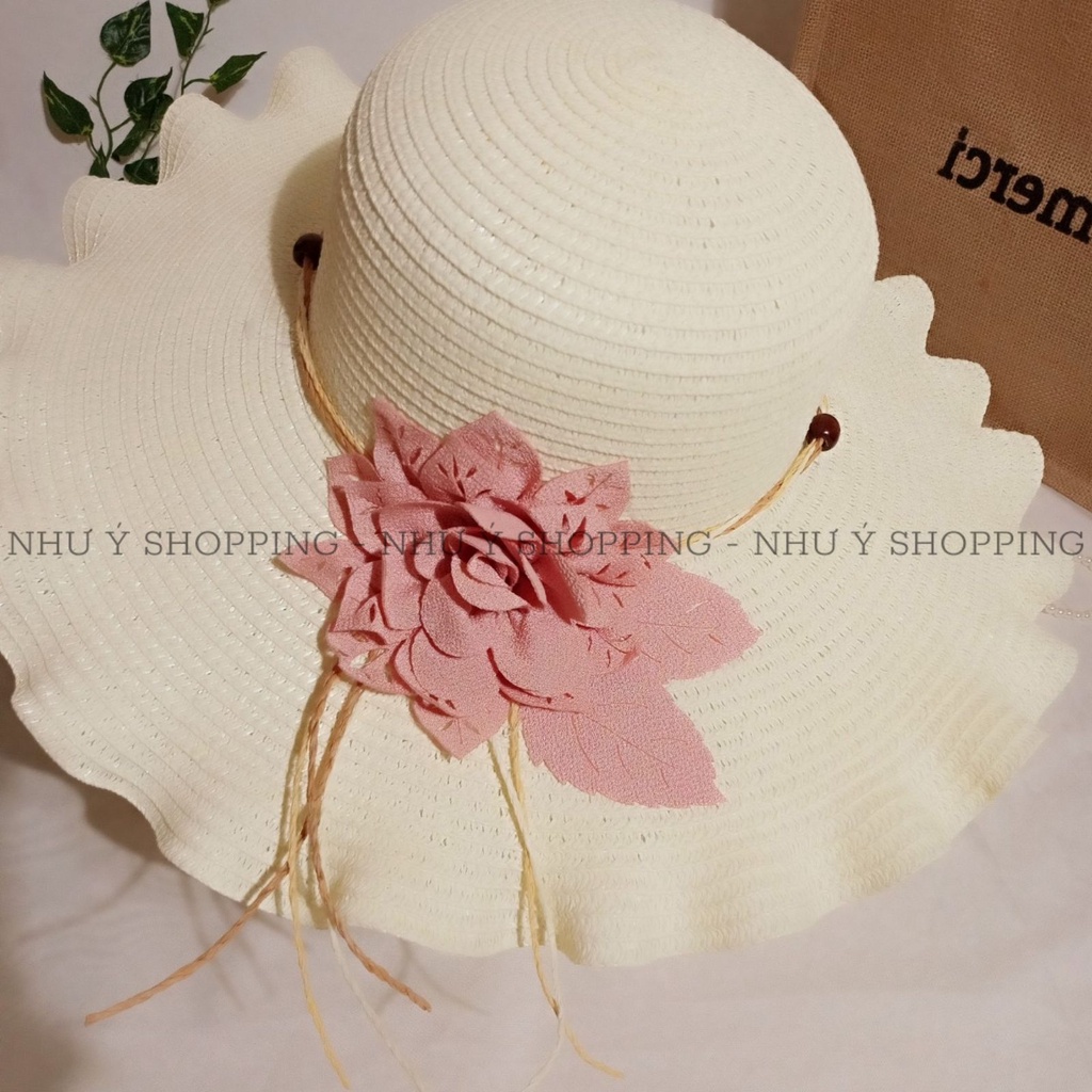 Nón cói,mũ cói nữ đi biển vành nhỏ gợn sóng mix hoa xinh đẹp mùa hè hình thật_gợn sóng nhỏ hoa lazer