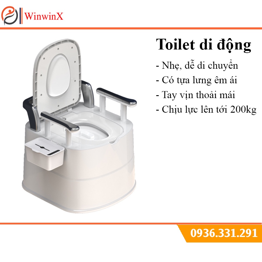 Bồn cầu di động cho người già, phụ nữ có thai, Bệt vệ sinh chống mùi có tay vịn, tựa lưng thoải mái