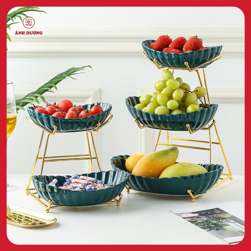 Kệ 2 tầng đựng bánh kẹo, hoa quả - Khay sứ có thể tháo rời