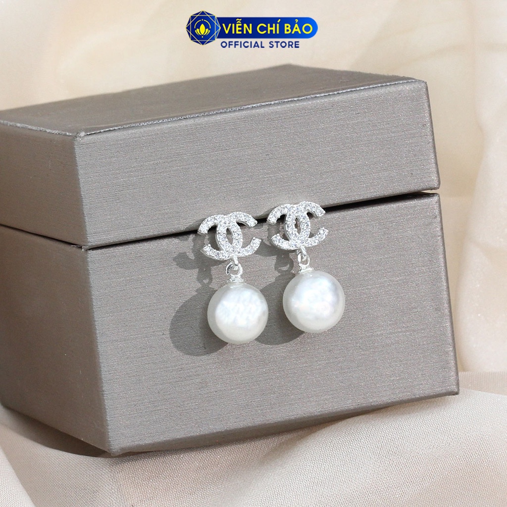 Bông tai bạc nữ trái châu chữ CC đính đá chất liệu bạc 925 thời trang phụ kiện trang sức nữ Viễn Chí Bảo B400011