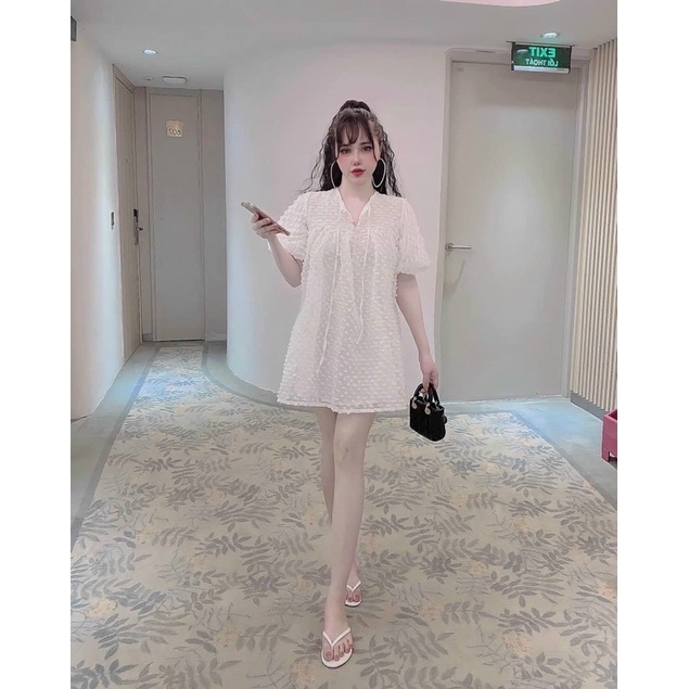 Đầm ren bi TK tay Phồng Tiểu Thư Dáng Babydoll  Có 5 Màu
