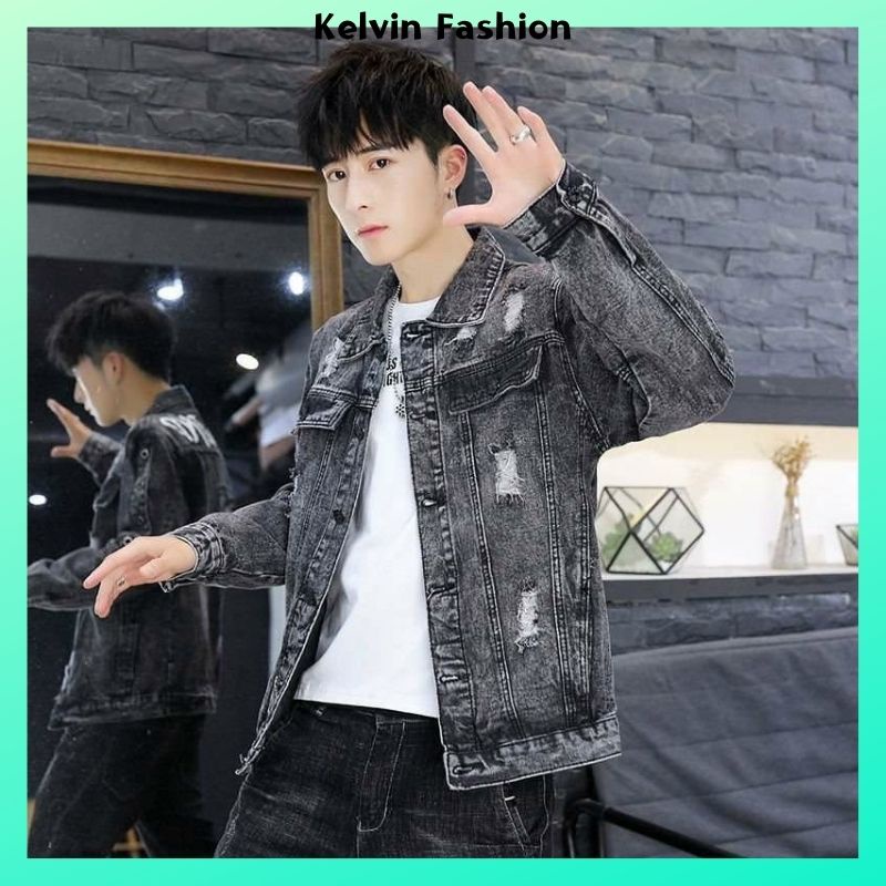 Áo khoác jean nam co giãn màu đen phối rách, áo khoác bò nam cao cấp chuẩn dáng thời trang Kelvin Fashion - AKN1